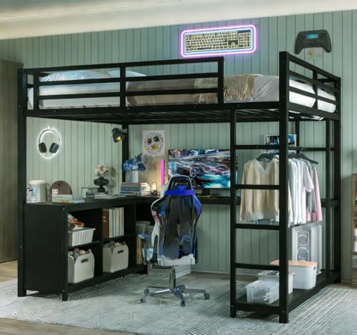 Image of Bellemave Queen Size loft Bed with L Desk and Wardrobe, Metal Queen Size Loft Bed Frame for Adults, Kids, Teens, Black