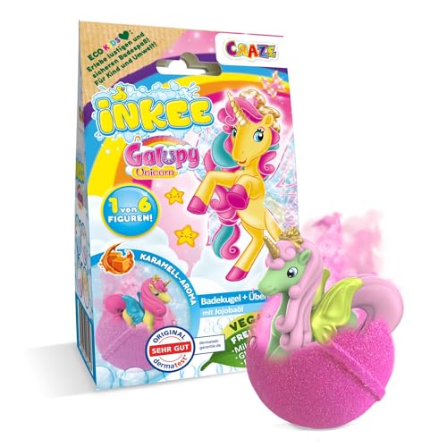 INKEE Surprise Galupy Unicorn | Einhorn Badebombe Kinder mit Überraschung Badekugel 100g mit GALUPY Einhornfiguren Karamellduft & Jojobaöl