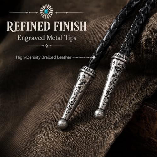 Image of Turquoise Bolo Tie for Men, Leather Braided Necktie Western Cowboy Bola Tie Costume Accessories for Men Women