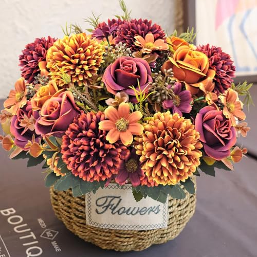 Guagb 3 Pcs Fall Flowers Artificial Mums Silk Chrysanthemum Rose Daisy Bouquet Fake Mum Faux Floral Arrangements Home Indoor Outdoor Planter Decor Party Wedding Table Autumn Decoration - Thumbnail 5