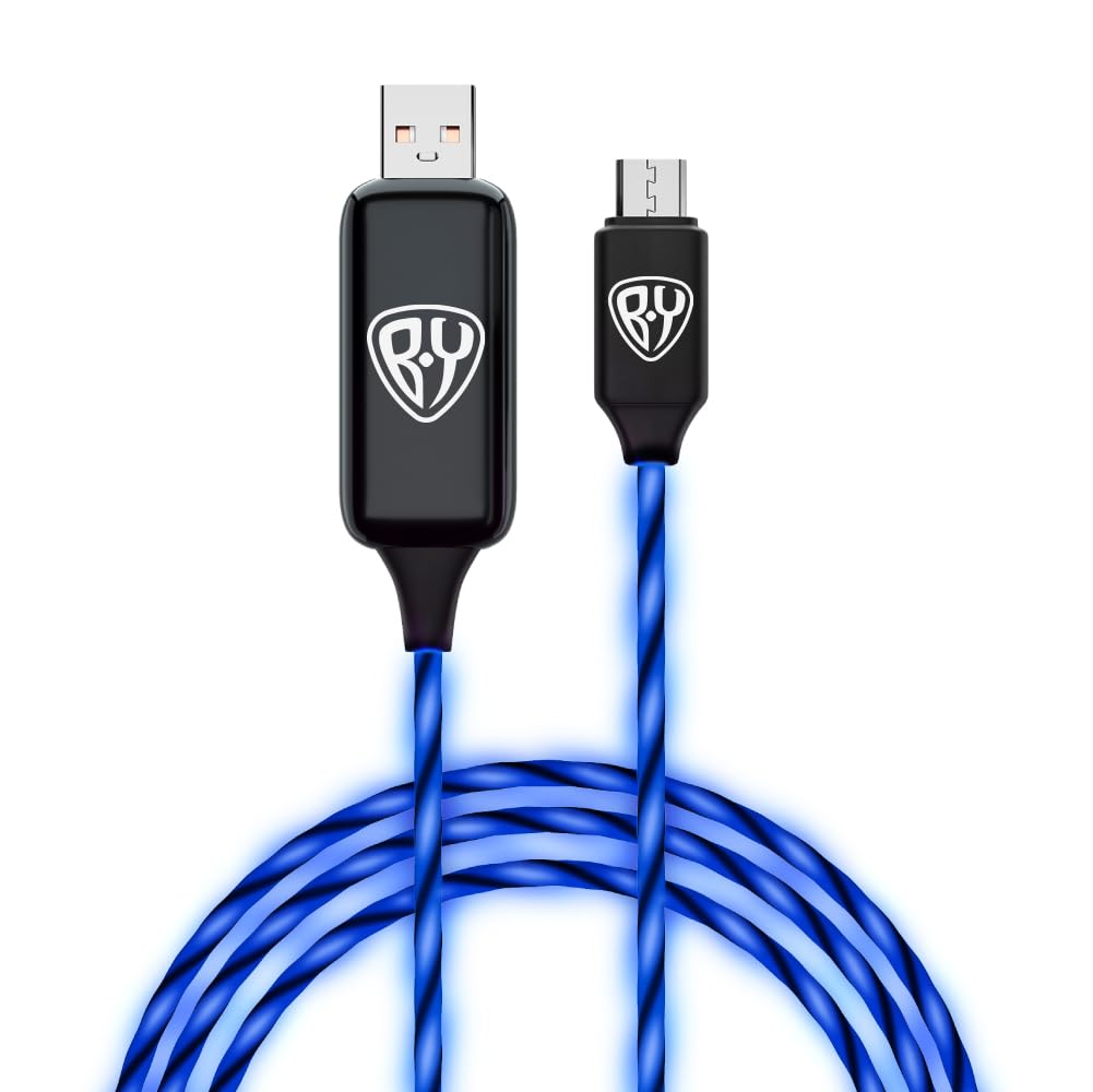 BYWORLDLED USB to Micro USB Charging and Data Transfer Cable, 1M Fast Charging Cable 2A, Quick Data Transfer, TPE Cable Braid, Compatible with All Micro USB Devices, Blue Led Flow Light Cable, Grey