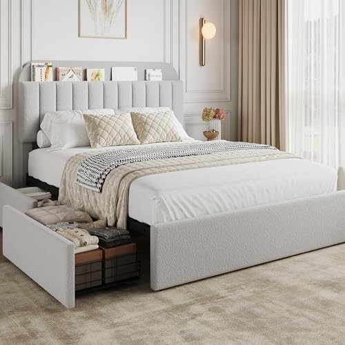 GarveeHome Queen Bed Frame with Storage Headboard, Girls Bed Frame with 2 Drawers, Boucle Upholstered Platform Bed with Bookcase, No Box Spring Needed, Easy Assembly, Grey
