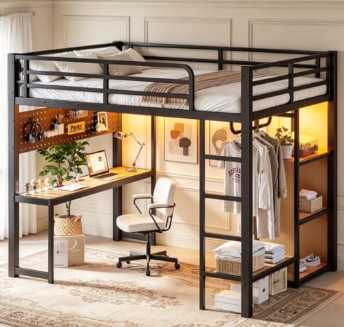 Image of Bellemave Full Size Loft Bed with Desk,with USB Ports, Lights, and Hanging Rod, Cave Board Design, Metal Full Loft Bed Frame for Adults, Kids, Teens, Black