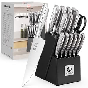 imarku 15-Piece Knife Set with Block, High Carbon Stainless Steel Kitchen Knives with Built-in Sharpener, Dishwasher Safe, Ergonomic Non-Slip Handle, Perfect for Home Cooks & Chefs, Black
