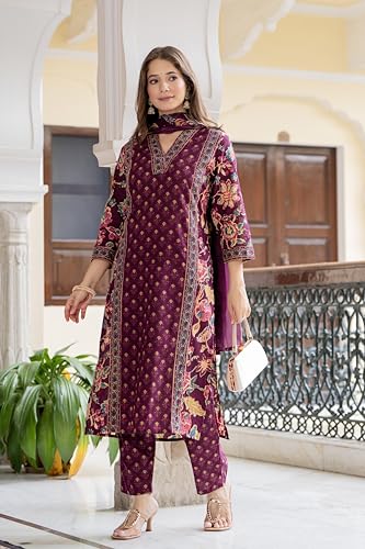 Image of MEERA FAB Women's Cotton Blend Straight Printed Kurta with Palazzo & Dupatta