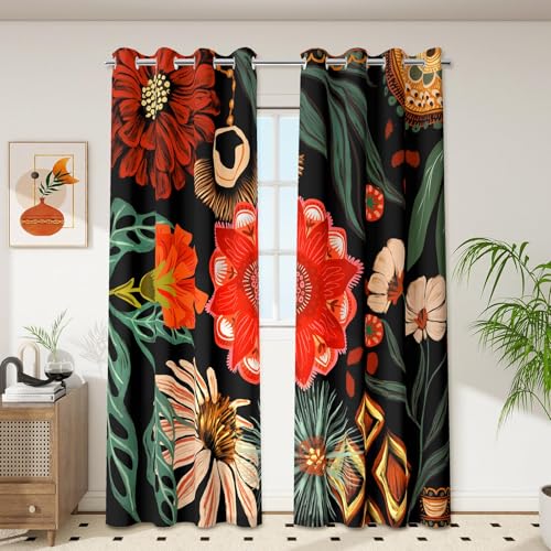 Image of Tyrot Black Floral Grommet Blackout Curtains, 52W x 63L, 2 Panels