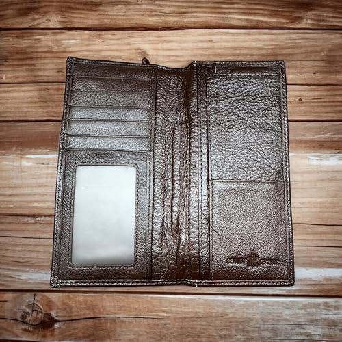 Men’s Long Leather Wallet – Hand Tooled Brown Rodeo Bifold with Hair-On Cowhide and Horse Horseshoe Concho – Western Checkbook Wallet for Cowboys & Equestrian Gifts3