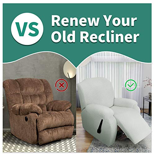 Image of YEMYHOM 4 Pieces Stretch Recliner Slipcover Jacquard Recliner Chair Cover with Side Pocket Anti-Slip Fitted Recliner Cover Couch Furniture Protector with Elastic Bottom (Recliner, Ivory)