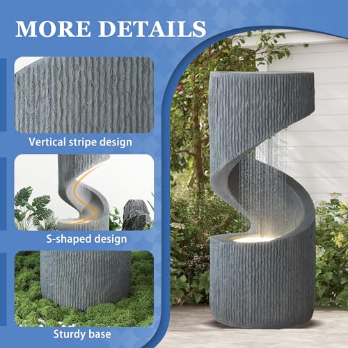 Dephet 31.9\" Outdoor Garden Water Fountain, S-Shaped Cascading Fountains and Waterfalls with LED Lights & Splash-Proof Net, Indoor/Outdoor Floor Standing Water Feature for Patio, Backyard, Home Decor - Thumbnail 4