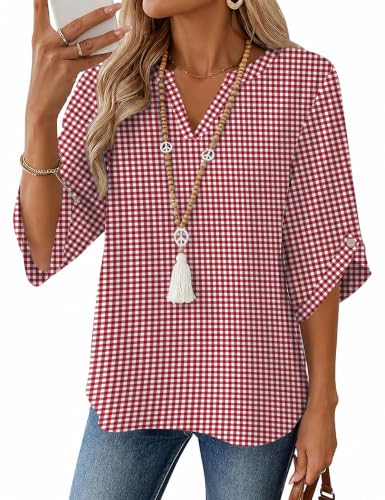 Image of iWoo Womens Tops 3/4 Sleeves Blouses V-Neck Casual Loose Fit Tunic Ladies