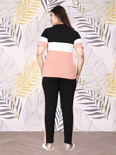 Image of Cotton Blend Tracksuits for Women Half Sleeves Round Neck Woman Workout T-shirt & Pant for Sports Comfortable and Breathable Gym Wear for Womens Tracksuit Set with Top & Bottom Pants