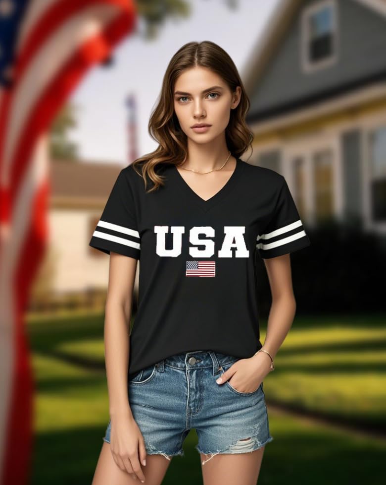 American Flag T-Shirts Women Patriotic Tee 4th of July Short Sleeve V-Neck Shirts Summer Casual Tee Tops - Image 4