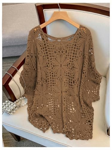 Image of MakeMeChic Women's Plus Size Crochet Tops Boho Beach Cover Ups | Summer, Vacation, Crochet Sweater, Swimsuit Coverups