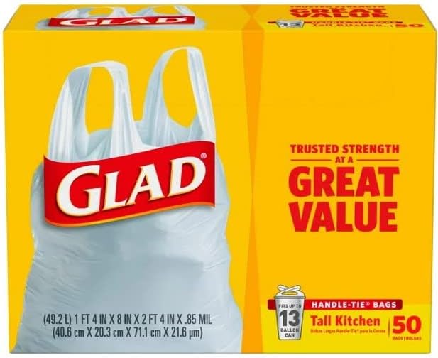 Glad 13 Gal. Tall Kitchen Handle-Tie Bags 50 ct (Pack of 4)