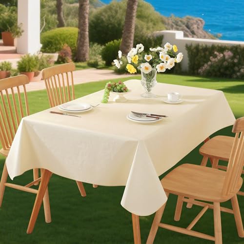 Rectangle Tablecloth,Wipeable Vinyl Tablecloths with Flannel Backing,Plastic Outdoor Oil-Proof Waterproof Table Cloth,Both Indoors and Outdoors.(Beige, 60
