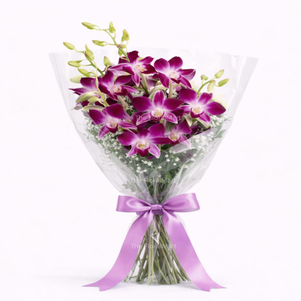 The FloralMart Fresh Flowers Bunch of 08 Purple Orchids in Cellophane Wrapping with Seasonal Fillers, for Birthday Gift, Anniversary Gift, Wedding Gift, Valentines Day Gift, (Same Day Delivery)-image-28