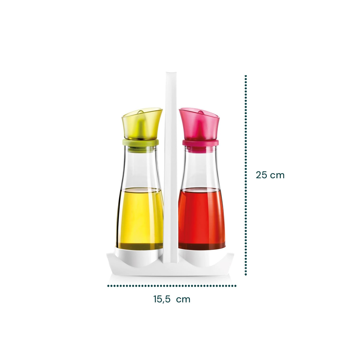 Avilia Set da Tavola Olio e Aceto 250ml - Realizzate in Vetro Robusto - Beccucci Flessibili Antigoccia in Silicone - Tappi Colorati Verde e Bordeaux - Supporto Comodo ed Elegante - Facile da Pulire