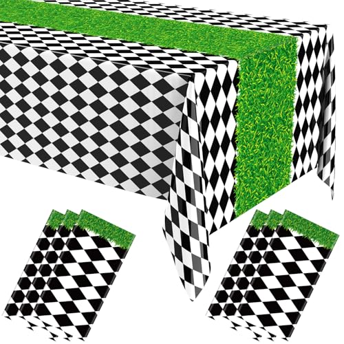 Oudain 6 Pcs Wonderland Tablecloth Summer Checkered Tablecloth Wonderland Party Decor Disposable Plastic Gingham Table Cover for Tea Party Birthday Sock Hop Baby Shower 54'' x 108'' (Black White)