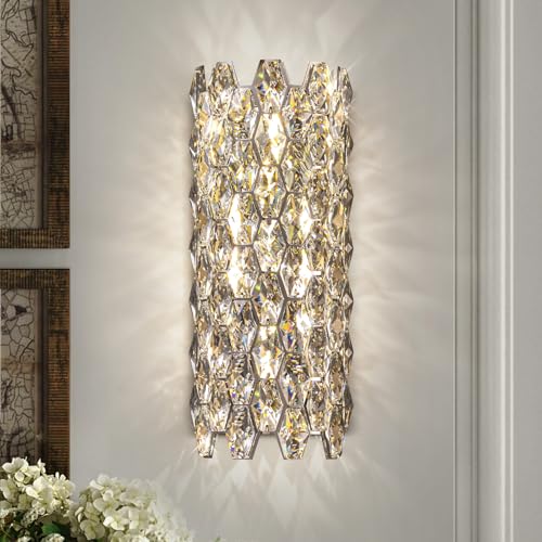 Image of Crystal Wall Sconces,Modern Wall Light Fixtures,Chrome Wall Lamp,Luxury Crystal Wall Sconces for Living Room Bedroom Bathroom Hallway Doorway Stairway Bedside