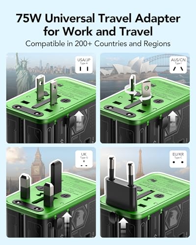 Image of MFish 75W Universal Travel Adapter, 5-Port International Power Adapter with Retractable USB-C Cable, 3 USB-C & 1 USB-A + AC Outlet, Worldwide Wall Charger for MacBook, iPhone, iPad, EU /UK /US /AUS Black