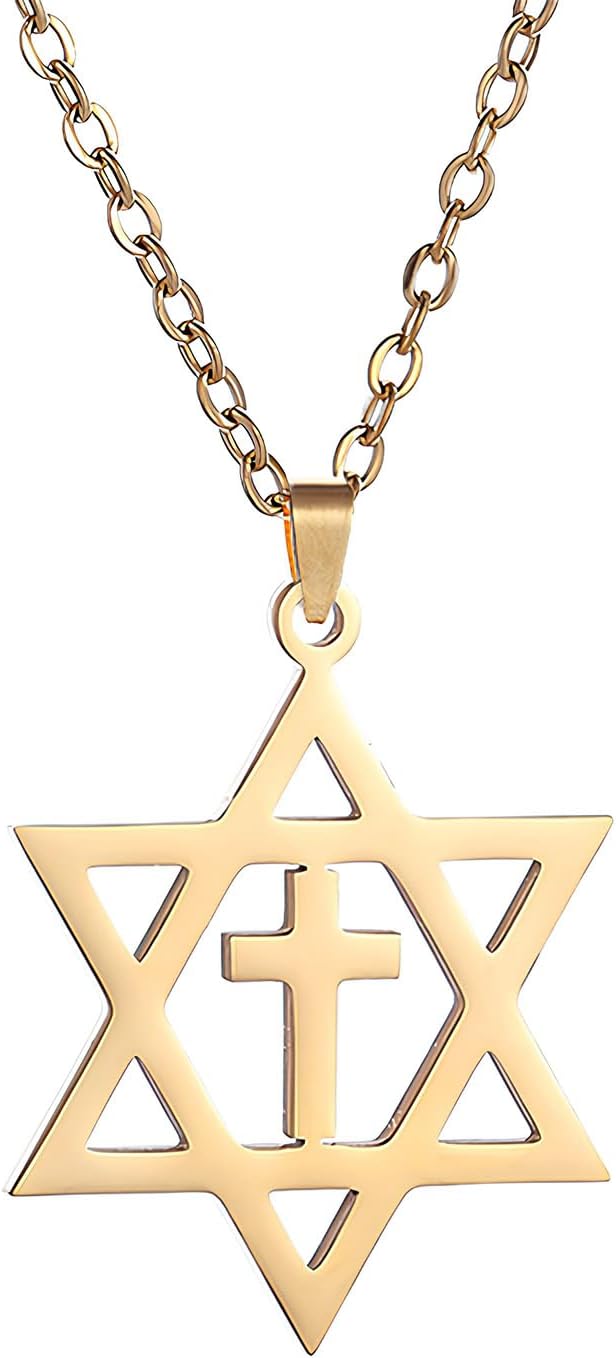 POYAMUSE Star of David Cross Pendant Necklace for Women Men - Stainless Steel Jewish Cross Necklace, Gold Silver Star of David Pendant Necklace for Women and Men