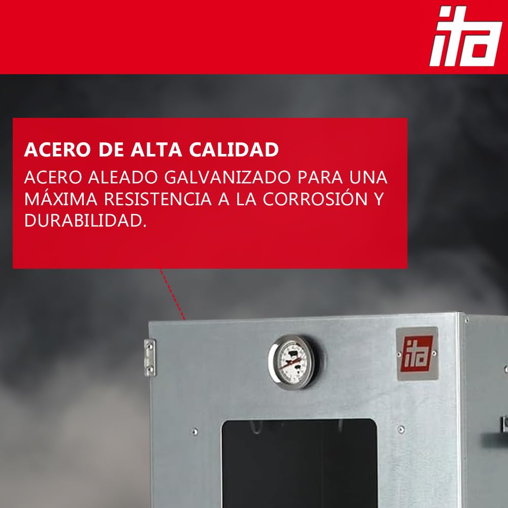ITA Ahumador Eléctrico 7000 - Set de Ahumado con Calefacción, Mesa, Generador de Humo - Armario Ahumador con Ventana & Termómetro - Acero Aleado - Calidad UE, Directo del Fabricante