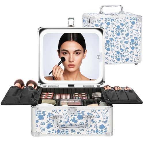 Image of Relavel Makeup Bag with LED Mirror, Makeup Box Travel Train Case with Rechargeable Lighted Mirror, Cosmetic Brush Organizer Storage for Makeup Artists Gifts for Women and Girls, Floral Print