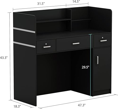 Miniatura 2 de Homsee Moderno escritorio de recepción con 3 cajones, armario de almacenamiento de 1 puerta y estante de gabinete, escritorio de madera para Negro