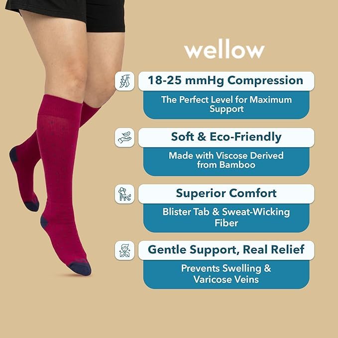 Image of Wellow Knee High Compression Socks for Men & Women, 18-25 mmHg, Bamboo Viscose, Swelling Relief