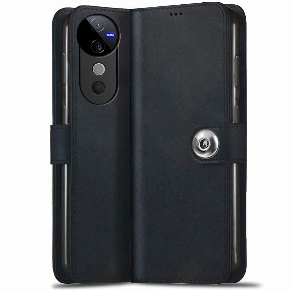 TheGiftKart Flip Cover Back Case for Vivo V40 / V40 Pro / T3 Ultra 5G | Genuine Leather Finish | Designer Button | Inbuilt Pockets & Stand | Flip Back Cover Case (Faux Leather, Black) (B0DC49JV63) Amazon Price History, Amazon Price Tracker