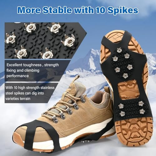 Image of 10 Spikes Crampons, Ice Cleats for Shoes & Boots | Stainless Steel Anti-Slip Grippers Upgraded Ice Traction Cleats for Hiking, Walking, Climbing, Fishing Portable Snow Shoe Grips (M-36 to 41)