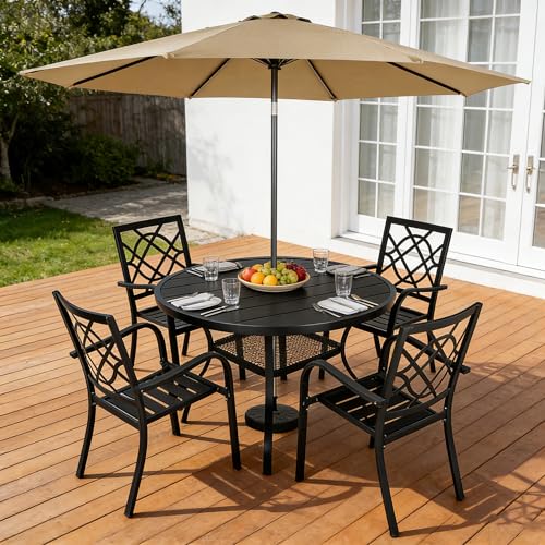 Image of SUNCROWN 6-Piece Outdoor Wrought Iron Chairs and Table Patio Dining Furniture Set - 4 Stackable Metal Chairs, 1 42 inch Round Bistro Table and 1 Brown 9Ft Patio Umbrella for Garden Backyard Deck