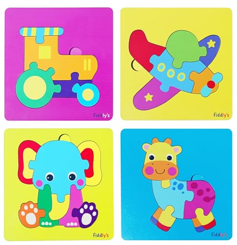 Image of Fiddlys 3D Cute Cartoon Wooden Jigsaw Puzzles for Kids & Children Double Layered Wooden Puzzles with Bright Front & Back Print (Pack of 4 Baby Animal + Vehicle)