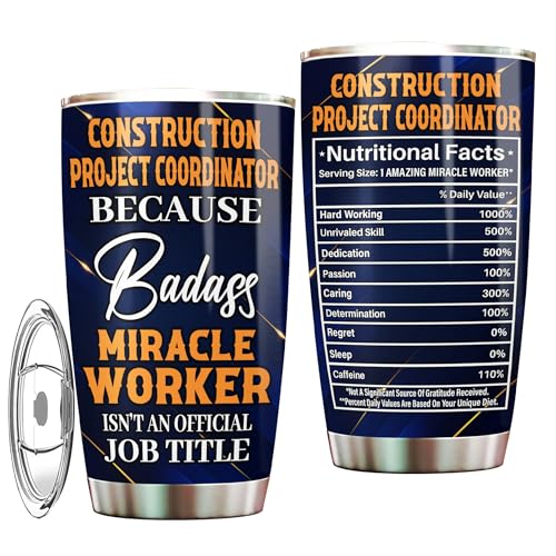 Construction Project Coordinator Tumbler 20oz – Stainless Steel Insulated Travel Mug for Men, Women, Coffee Cup Gift for Construction Project Coordinator, Work, Office, Retirement, Birthday, Christmas