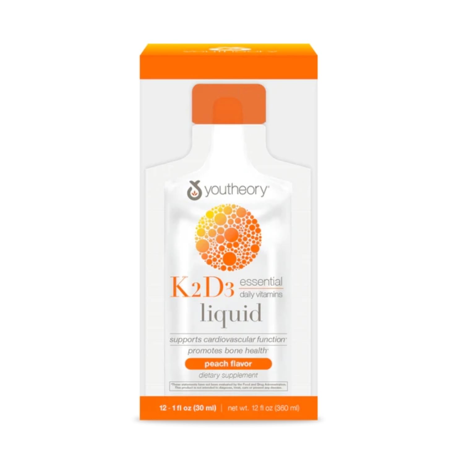 Youtheory K2D3 Liquid - Bone & Heart Health Support* - Combines Vitamin D3 & Vitamin K2 - Dairy, Soy & Gluten Free - Peach, 1 oz (12 Pack)