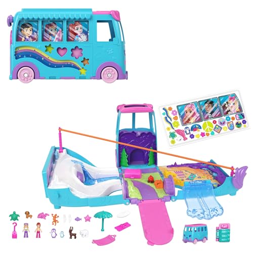 Polly Pocket - Avventura su Ruote per Cuccioli, playset camper trasformabile con 2 mini bambole e 21 accessori inclusi tra cui amici cuccioli e veicolo, giocattolo per bambini, 4+ anni, JCC22