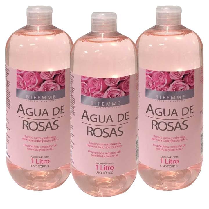 Pack ahorro 3 Agua de Rosas Bifemme Ynsa diet 1 L, tónico facial suave sin alcohol ni parabenos, para rostro, cuello y escote, refresca, tonifica e hidrata, 3 litros totales.