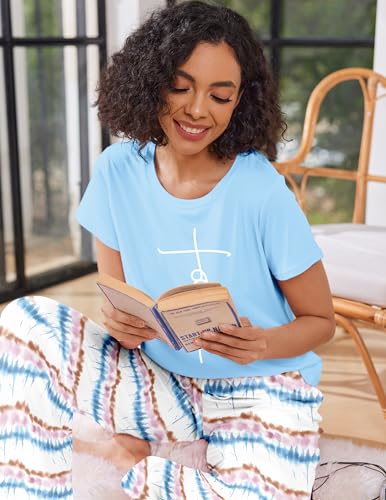 Image of Ekouaer Pajama Sets for Women Round Neck Pjs Short Sleeve Sleepwear with Long Pants Loose Lounge Sets