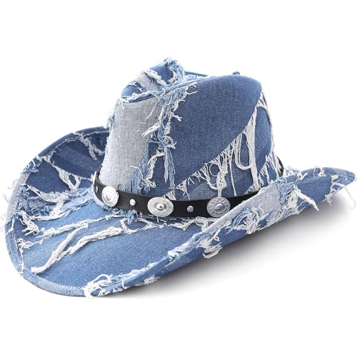 Cmipeob Western Cowboy Hat for Men Women Distressed Denim Cowgirl Hat Vintage Country Cow Girl Hats with Belt Buckle Party Rodeo Cattleman Rancher Cowboys Wide Brim Sombrero Vaquero para Hombre Blue