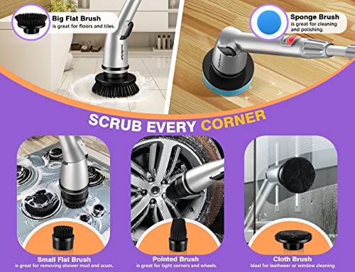 Rechargeable Cordless Electric Spin Scrubber With 5 Cleaning Brush Heads, Adjustable Shower Powerful Scrubber With Long Handle Extension Arm For Bathroom, Tub, Tile, Car, Floor #TOP3