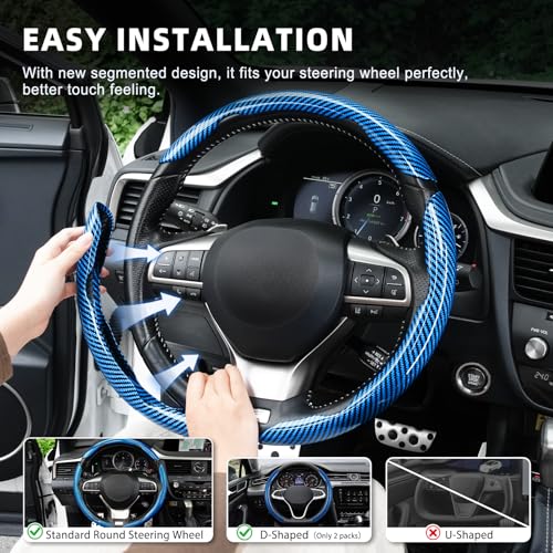 Image of Amiss 3pcs Carbon Fiber Anti-Skid Steering Wheel Cover, Waterproof Design, Universal Fit for 14-16 Inch Car Wheel Cover, Interior Car Accessories for Jeeps, SUVs, Trucks (Glossy Blue)