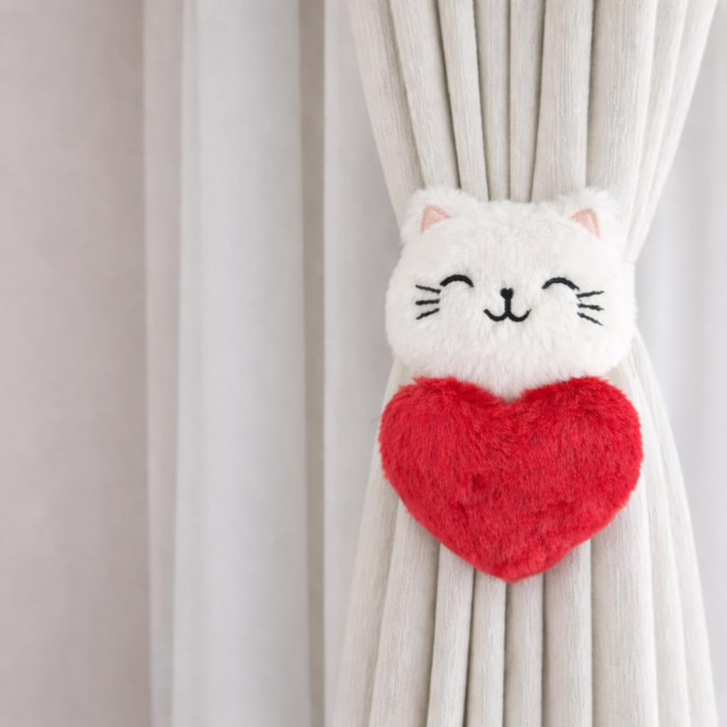 MAKNGRID Fur Style Cat Curtain Tieback with Heart | Soft Plush Curtain Holder | Cute Animal Curtain Tie Back | Luxury Window Curtain Accessory for Home Décor 2