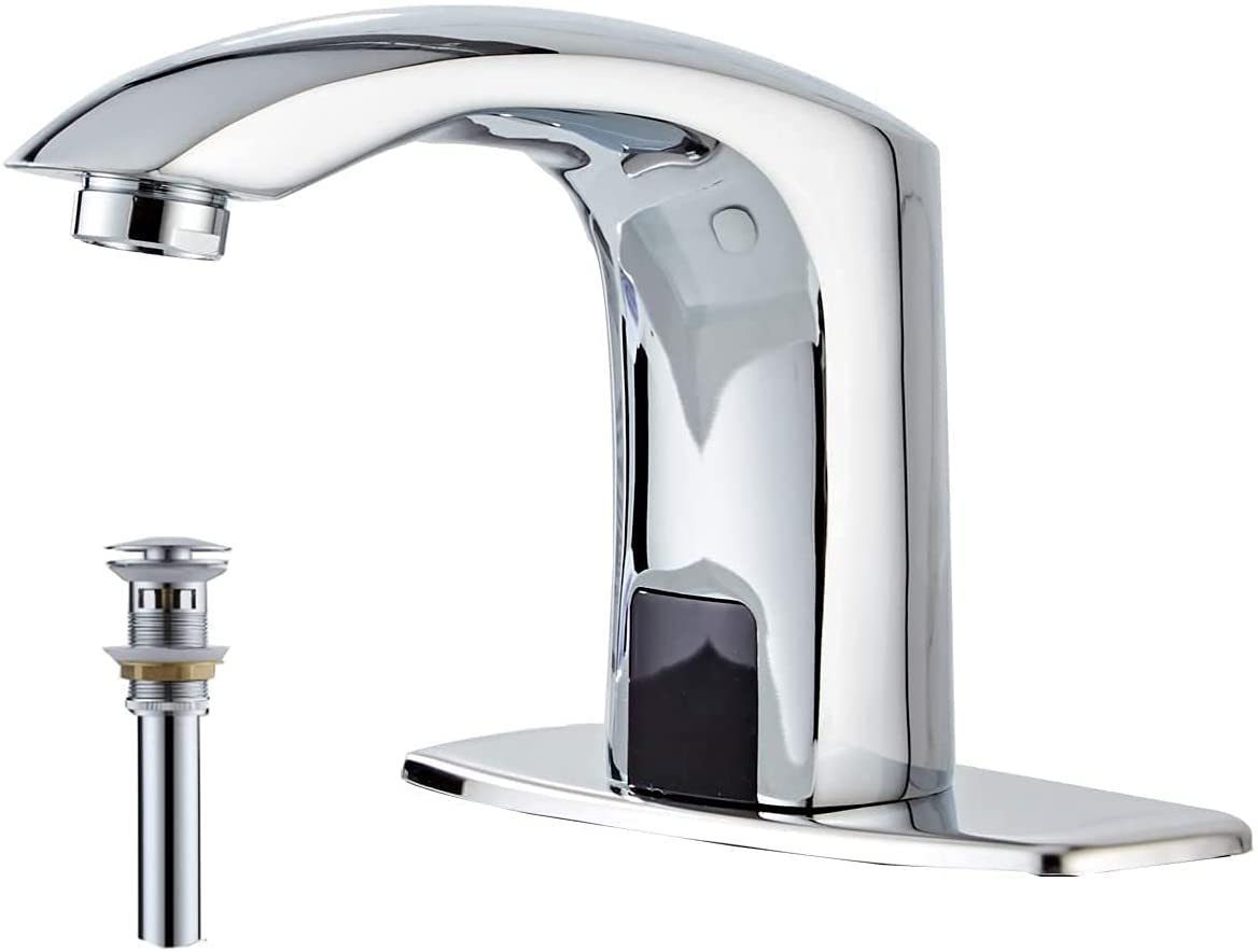 Nfusrxmbk Chrome Automatic Bathroom Sink Faucet With Hole Cover Plate Sensor Touchless Dual-Ed Vanity Faucets Hands Water Tap With Control Box And Temperature Mixer Matching Pop Up Drain With Overflow