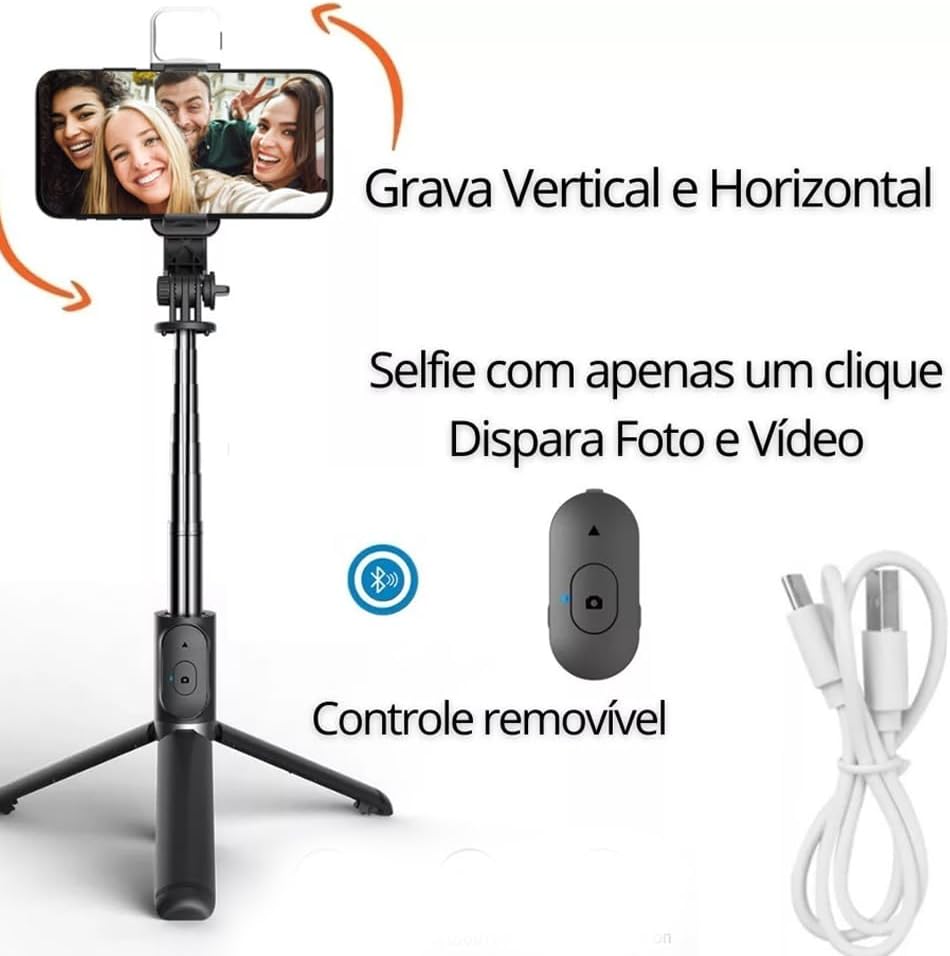 Bastão de Selfie com LED Tripé, Controle Bluetooth Remoto, Rotação 360°, Extensível até 1 Metro, Luz Compatível com iPhone e Android – Leve, Portátil, 3 em 1