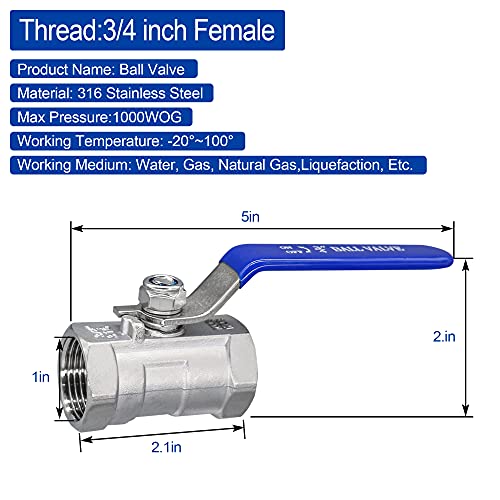 Twozozo Ball Valve, 2 Pcs Stainless Steel Ball Valves Standard 60 Degree Female Npt Ball Valve With Raw Material Belts (3/4" Ball Valves) #TOP1