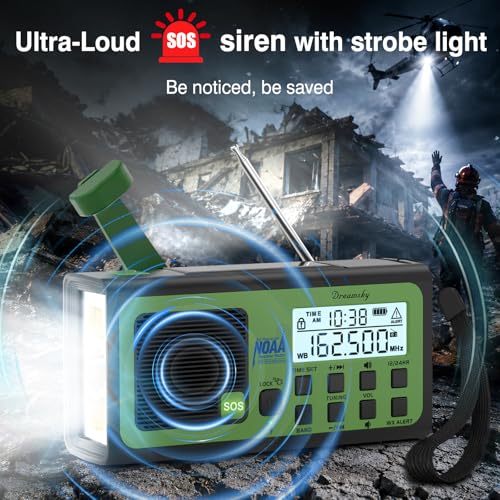 Image of DreamSky Hand Crank Emergency Weather Radio NOAA Alert with Solar Powered | Portable Radio AM FM SW, 18500mWh Rechargeable Battery Operated, Loud SOS Alarm, Flashlight & Reading Lamp, USB Port