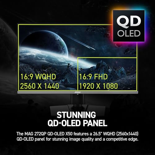 Image of msi, MAG 272QP QD-OLED X50, 27-Inch, WQHD, 2560x1440, Gaming Monitor, Quantum Dot OLED Panel, 500Hz, 0.03ms, DisplayHDR True Black 500, HDMI 2.1, DP 1.4a, USB C (15WPD), Tilt /Height Adjustable, Black