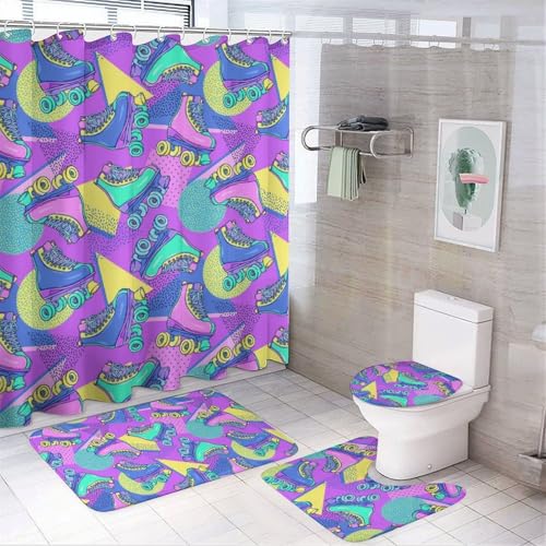 Set da bagno con tenda da doccia e tappeti, 4 pezzi, set di tappetini da bagno con pattini a rotelle da discoteca, accessori decorativi per copriwater e tappetino a forma di U con 12 ganci
