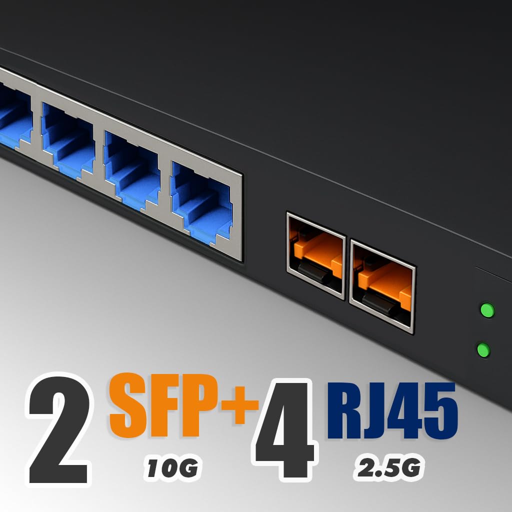 Elfcam® - 10Gb Commutateur Switch Fibre Optique Compatible avec Freebox Ultra et Orange Livebox 6, avec 2 Ports 10G SFP+ et 4 Ports 2,5 Gigabit Ethernet RJ45, Rallonge Votre Réseau 10Go