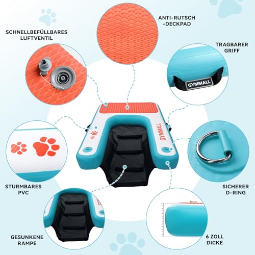 GYMMALL Aufblasbare Hundeplattform Blau 82x120cm, Rampe Hund für Boote, Hunde Pool, Seen und Meer, rutschfeste Sicherheitsplattform bis 90kg, Eva-Hunderampe mit Schwimmleiter